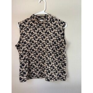 90s Dressbarn Sleeveless Mock Neck Top Black Beige Floral Lace IndieSleeze Glam‎